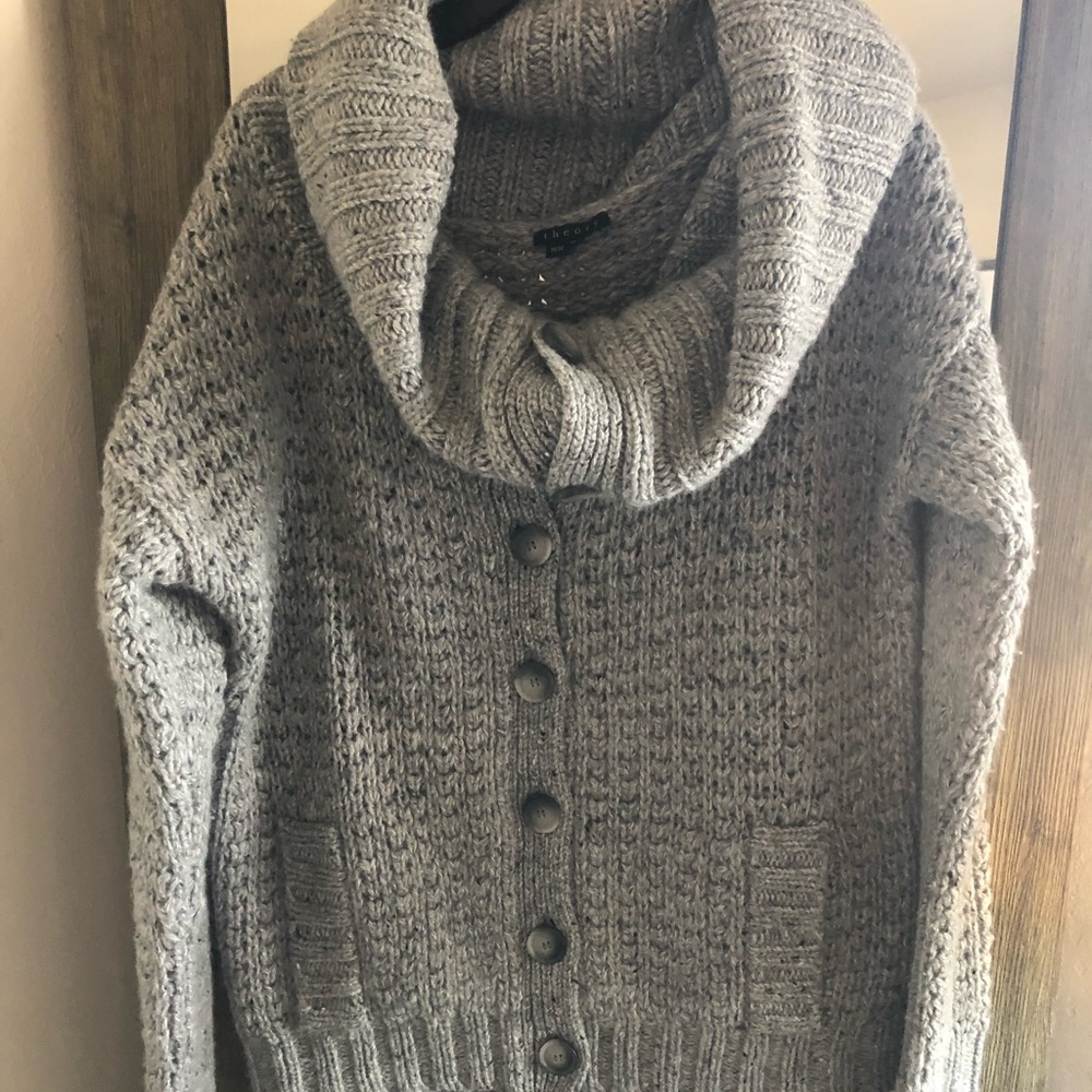 Theory Chunky Knit Cowl Neck Button Front Cardigan Sweater Grey M